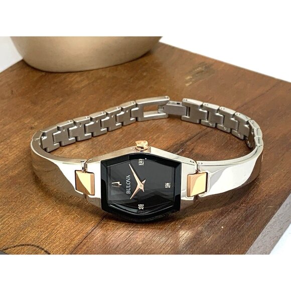 Bulova Womens Watch 98P216 Gemini Diamond Black Dial 2-Tone Quartz Petite 22.5mm - Picture 8 of 14